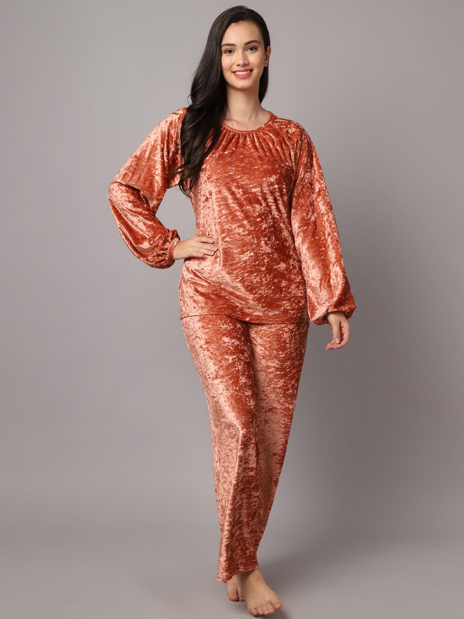 women rust printed winter wear night suit