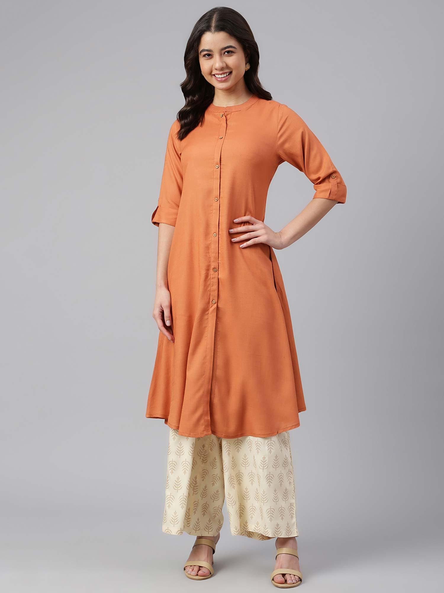 women rust rayon slub solid shirt style kurta