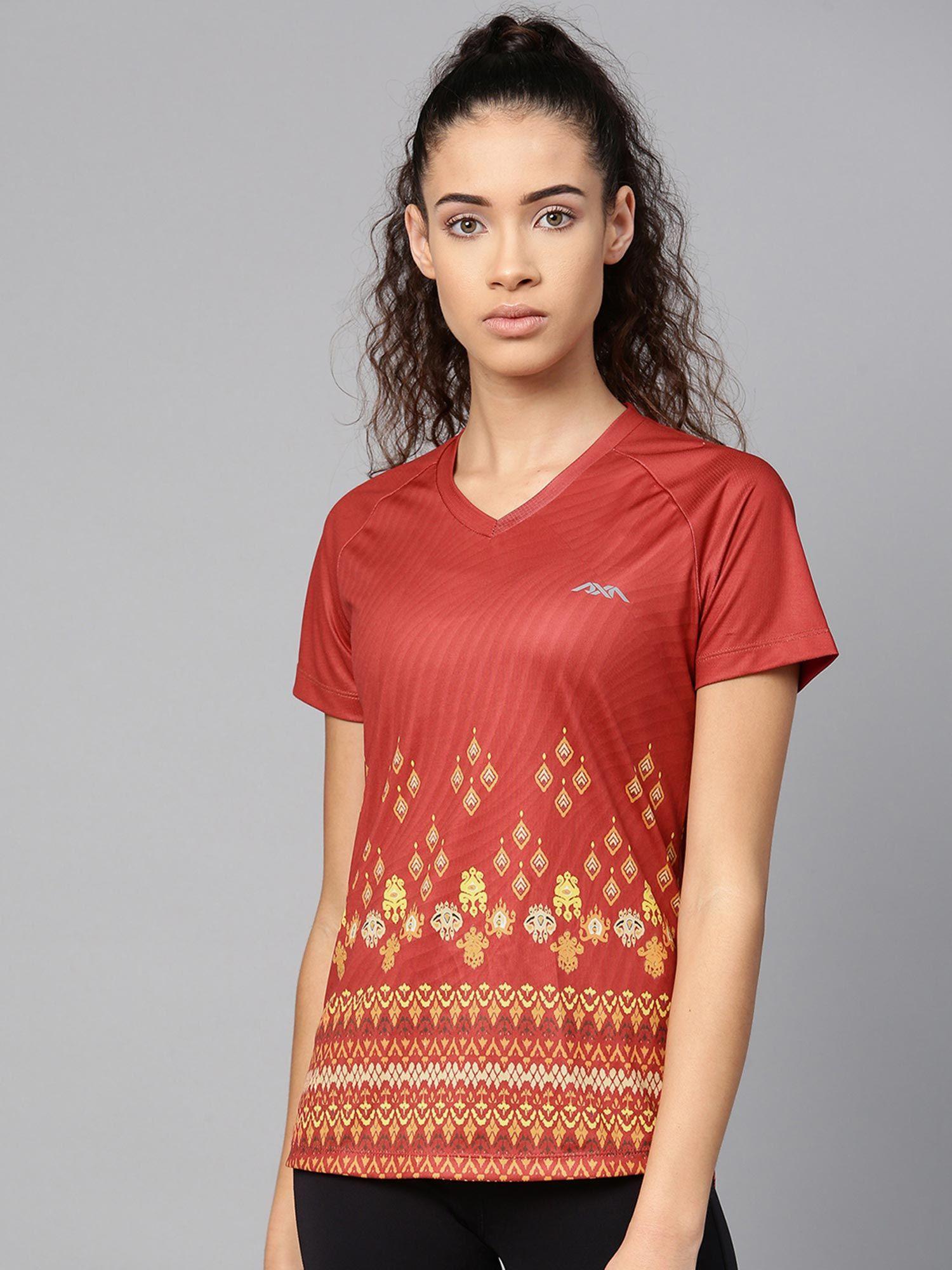 women rust red yellow printed v-neck t-shirt