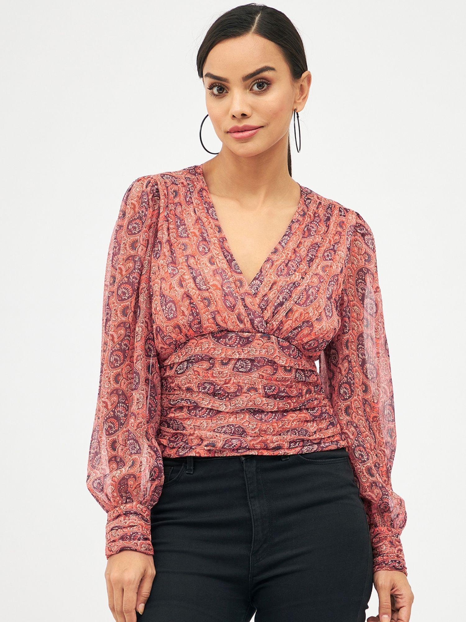 women rust regular fit floral printed v-neck balloon sleeves top