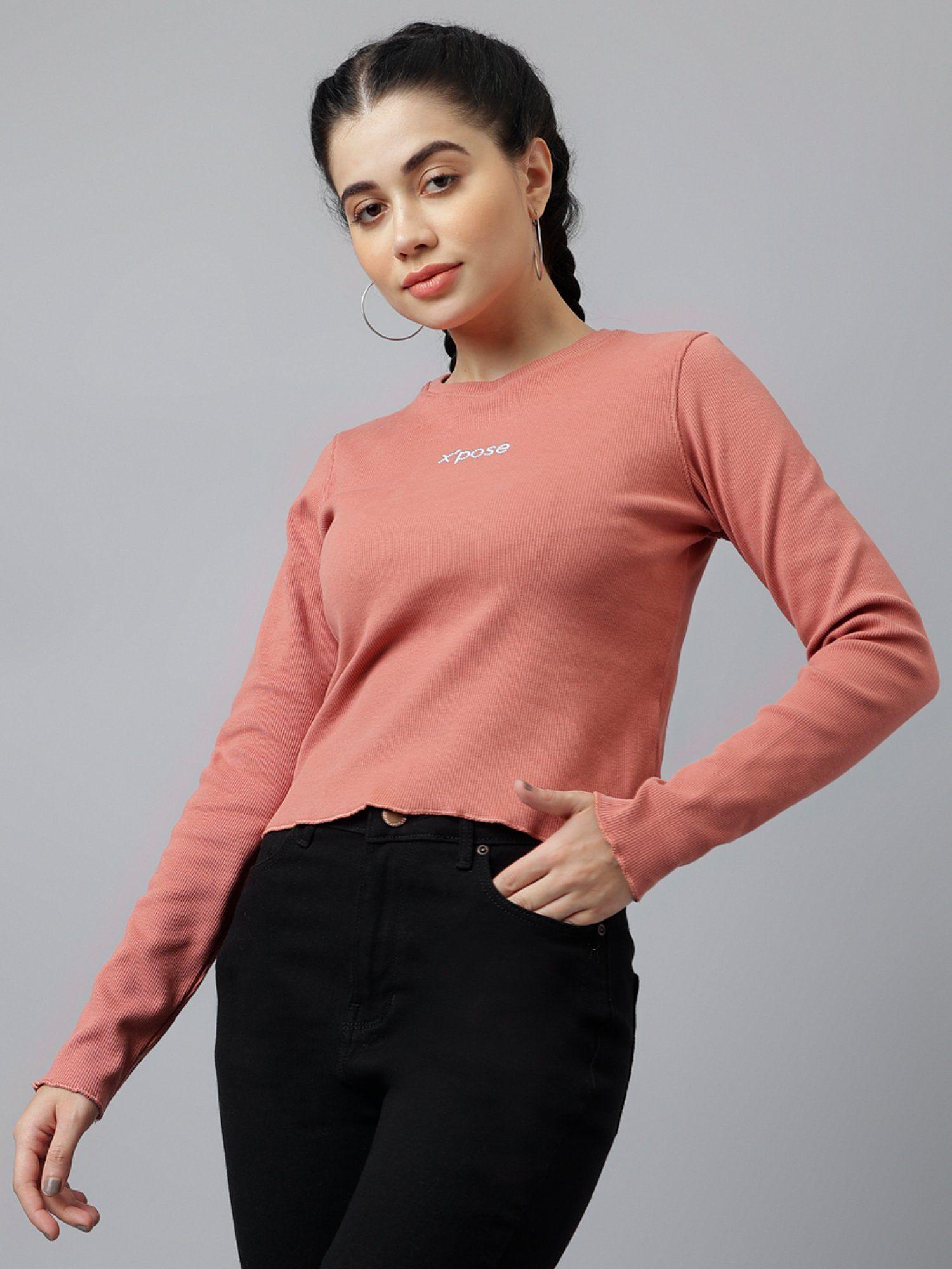 women rust round neck ribbed fitted top