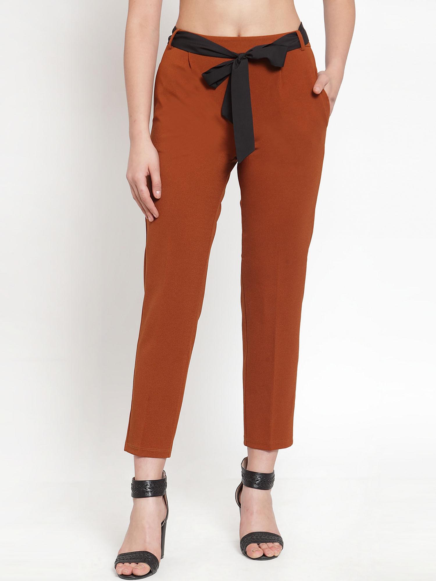 women rust slim fit solid straight mid waist pant