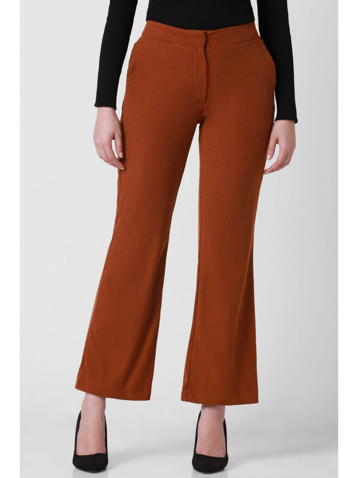 women rust solid formal regular fit trousers