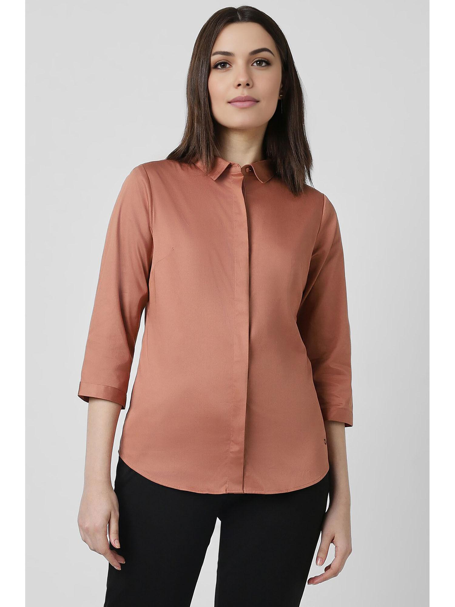 women rust solid three fourth sleeves formal shirt