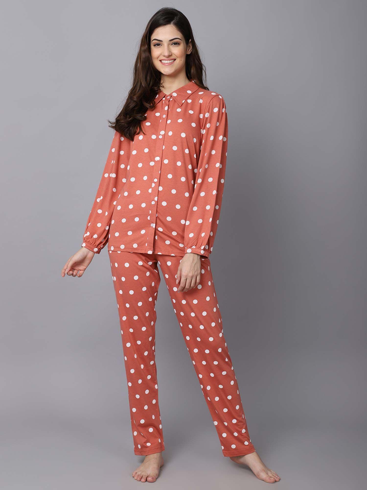 women rust white printed night suit