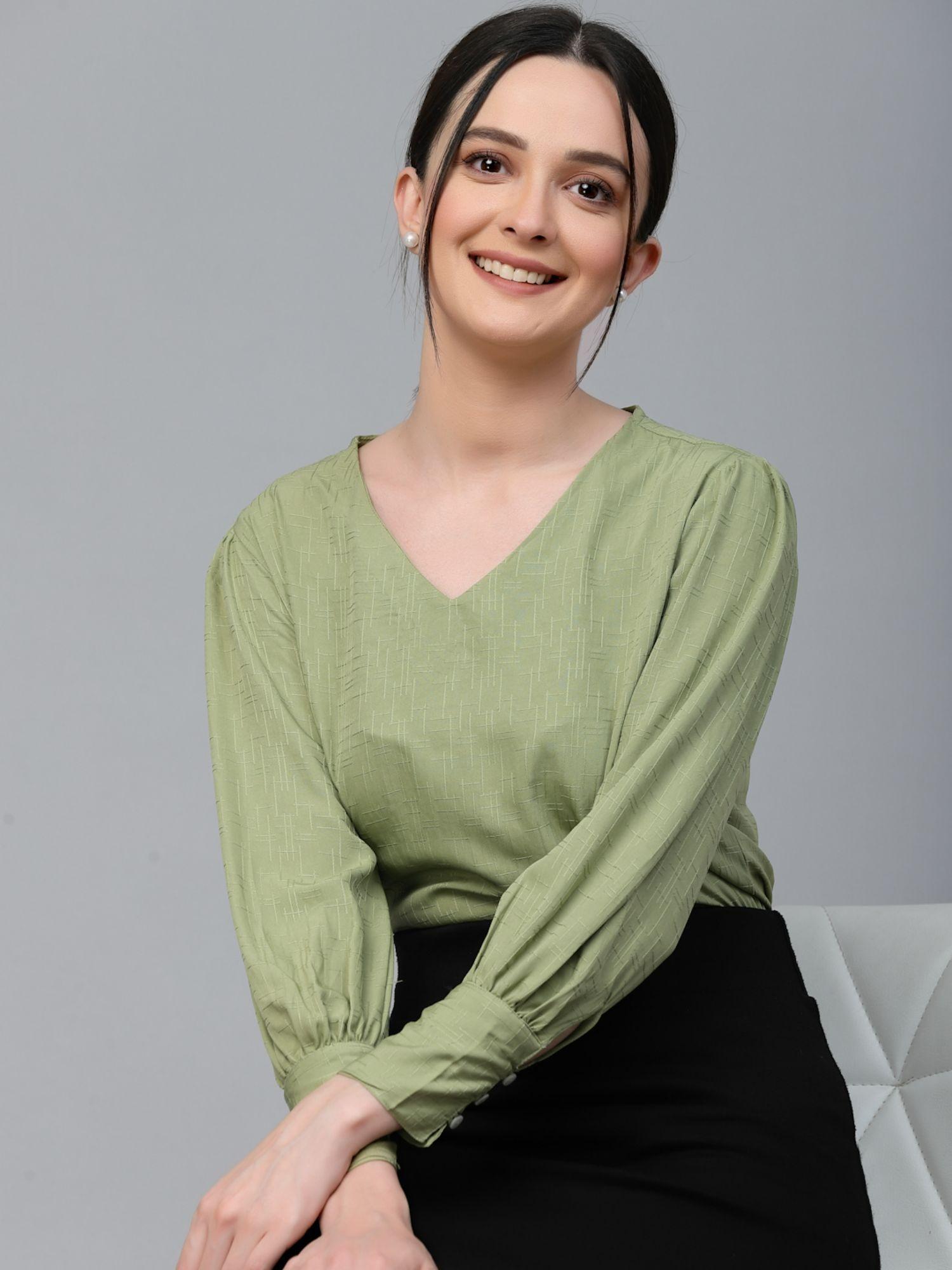 women sage green self design polyester regular smart casual top