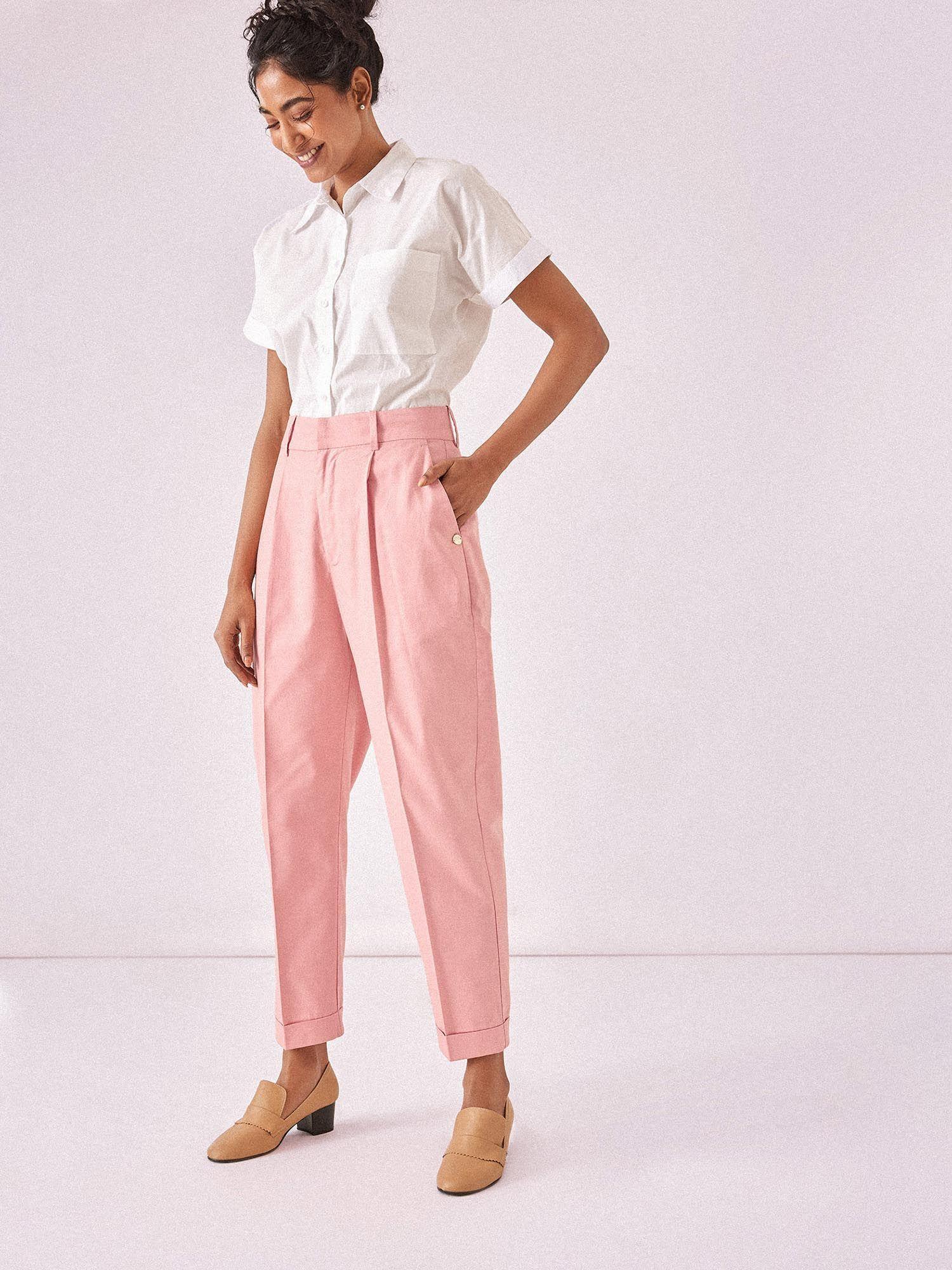 women salmon cotton tapered trousers