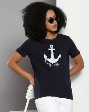 women sandy anchor print regular fit crew-neck t-shirt