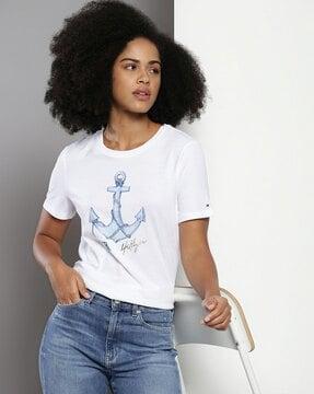 women sandy anchor print regular fit crew-neck t-shirt