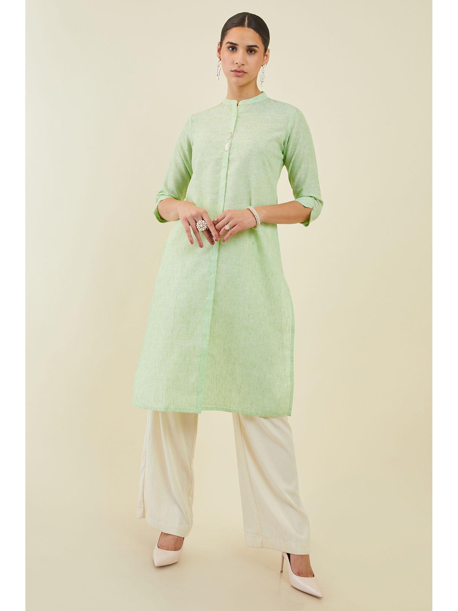 women sap green linen straight kurta with shell button embellishments