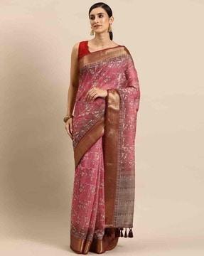 women saree with contrast border & tassels