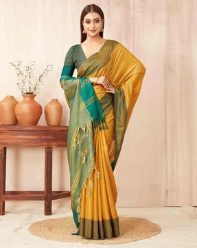 women saree with contrast border & tassels