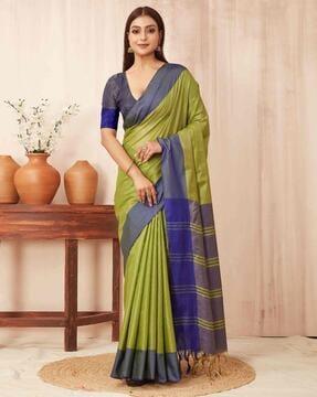 women saree with contrast border & tassels