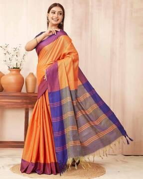 women saree with contrast border & tassels