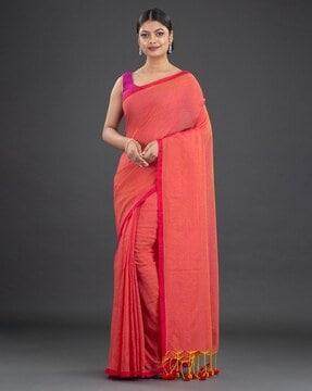 women saree with contrast border & tassels