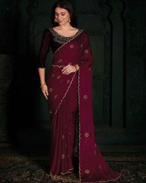 women saree with contrast embellished cut-work border