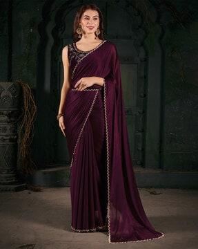 women saree with contrast embellished cut-work border