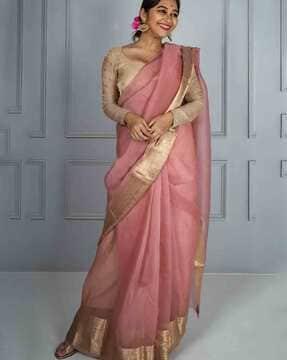 women saree with contrast floral woven border