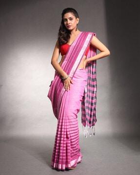 women saree with contrast striped pallu