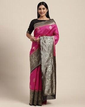 women saree with floral print motifs & contrast border