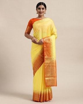 women saree with floral woven contrast border