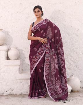 women saree with floral woven motifs & contrast border