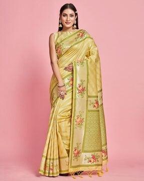 women saree with floral woven motifs