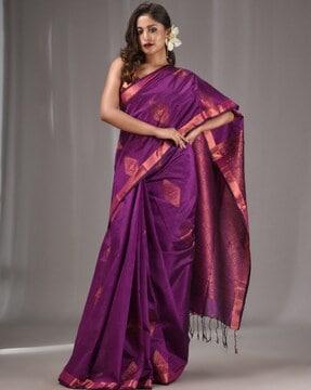 women saree with geometric woven motifs