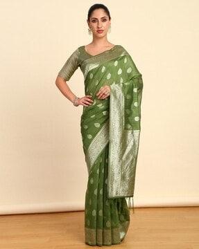 women saree with woven motifs & contrast border