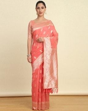 women saree with woven motifs & contrast border