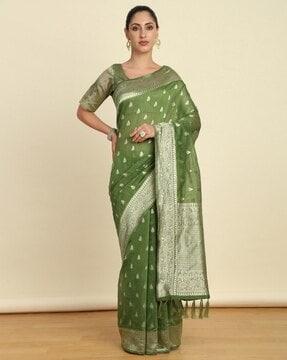women saree with woven motifs & contrast border