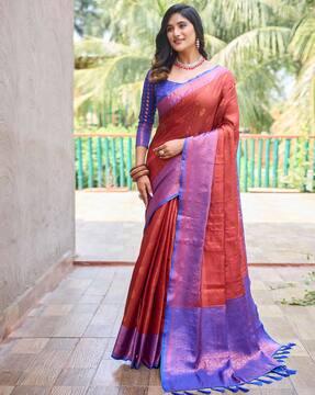 women saree with woven motifs & contrast border