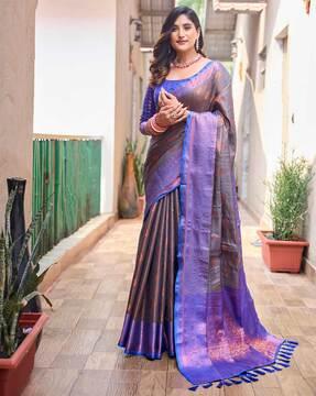 women saree with woven motifs & contrast border