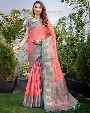 women saree with woven motifs & tassels