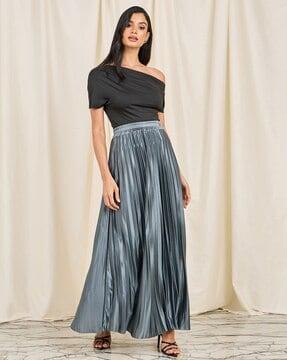 women satin pleated high-rise a-line maxi skirt
