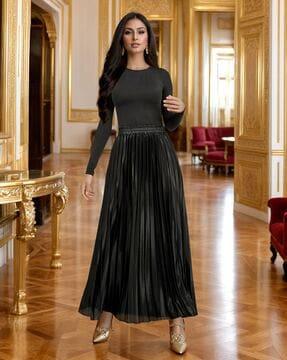 women satin pleated high-rise a-line maxi skirt