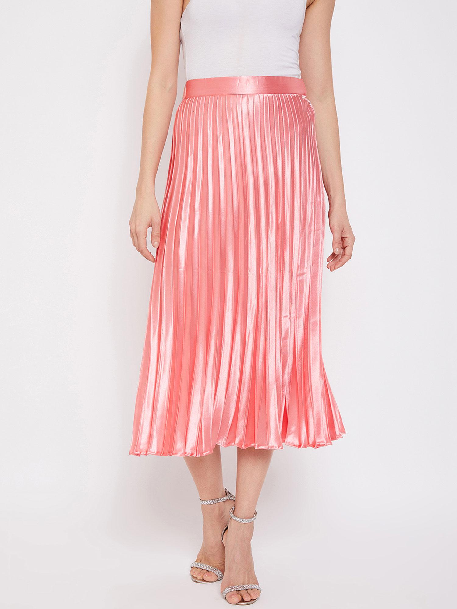 women satin pleated pleated midi skirt pink