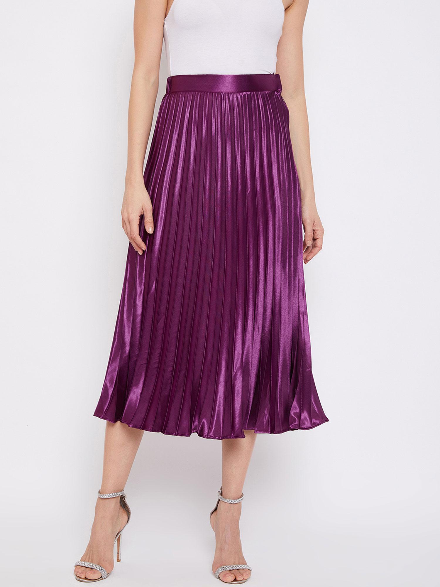 women satin pleated pleated midi skirt purple