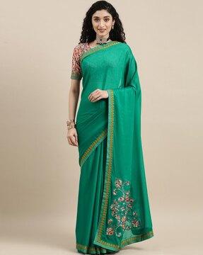 women satin saree with embroidered border