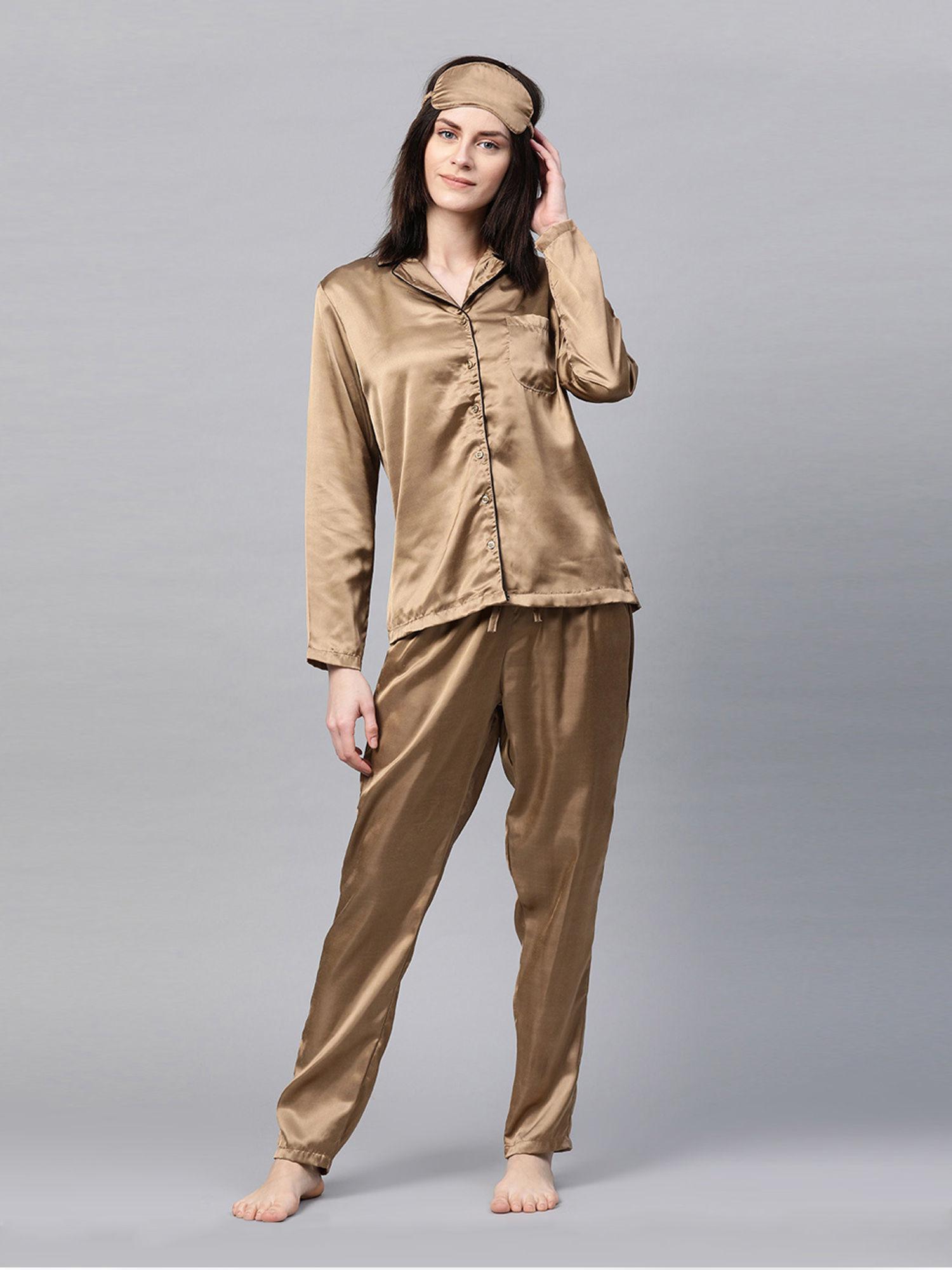 women satin solid night suit - gold