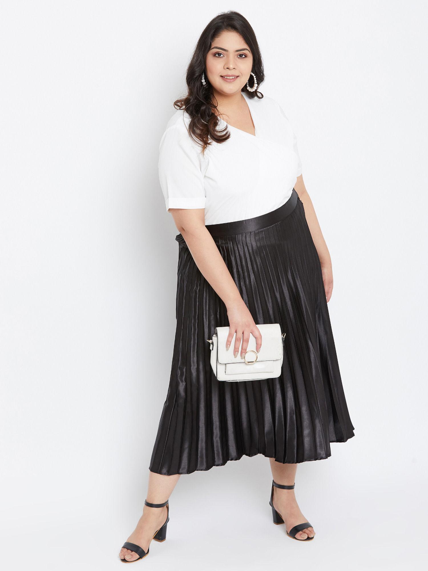 women satin solid pleated black plus size skirt