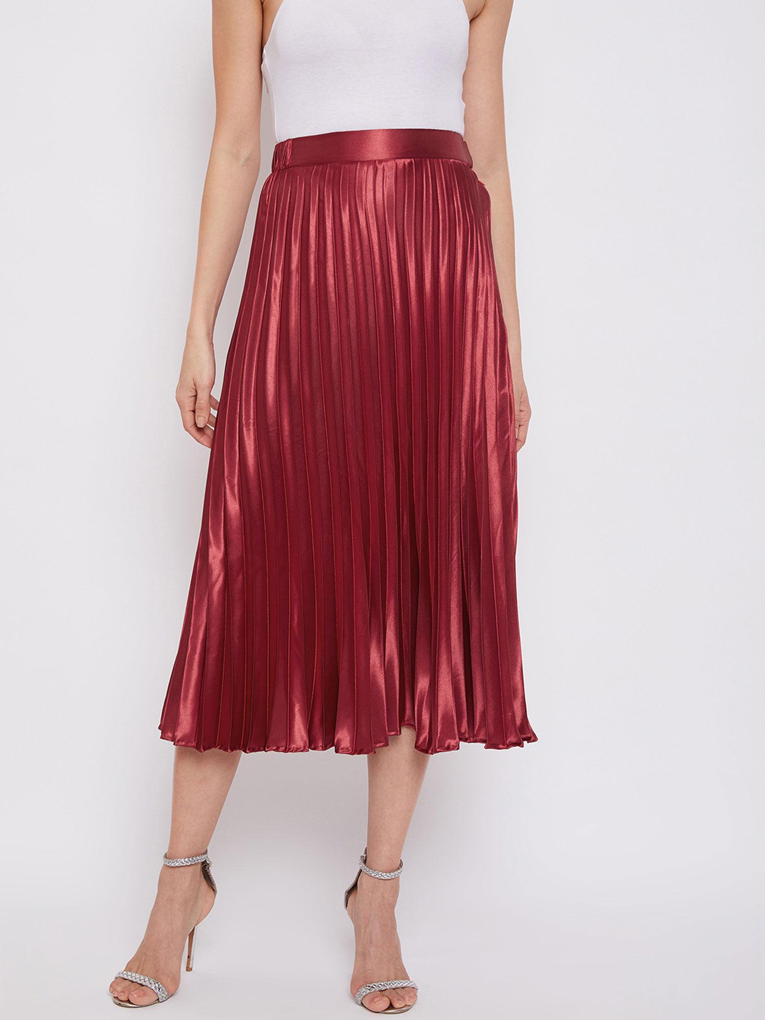 women satin solid pleated midi skirt