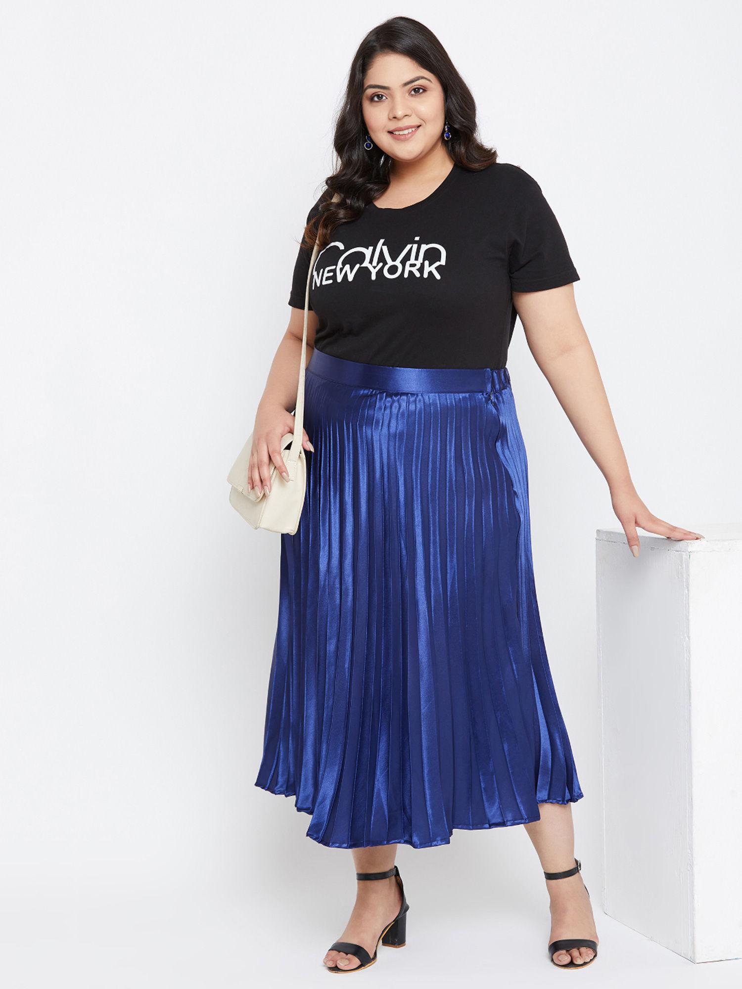 women satin solid pleated plus size skirt navy blue