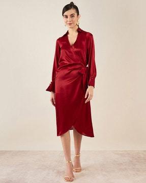 women satin wrap dress with waist tie-up