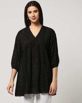 women schiffili embroidered relaxed fit flared tunic