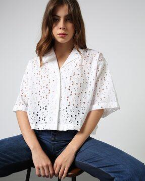 women schiffli embroidered boxy fit shirt