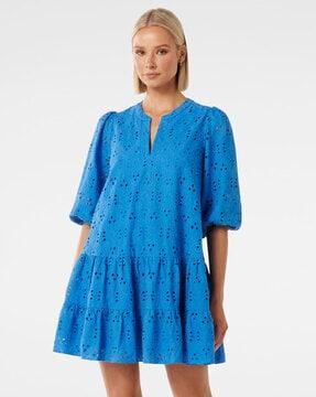 women schiffli embroidered fit & flare dress