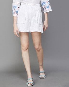 women schiffli embroidered knit shorts with insert pockets