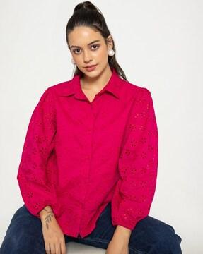 women schiffli embroidered regular fit shirt with curved hem