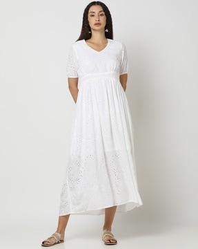 women schiffli embroidered relaxed fit fit & flare dress